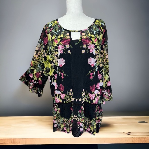 INC International Concepts Tops - 💥2/$15 INC black floral semi sheer ruffle sleeve peasant top 2X